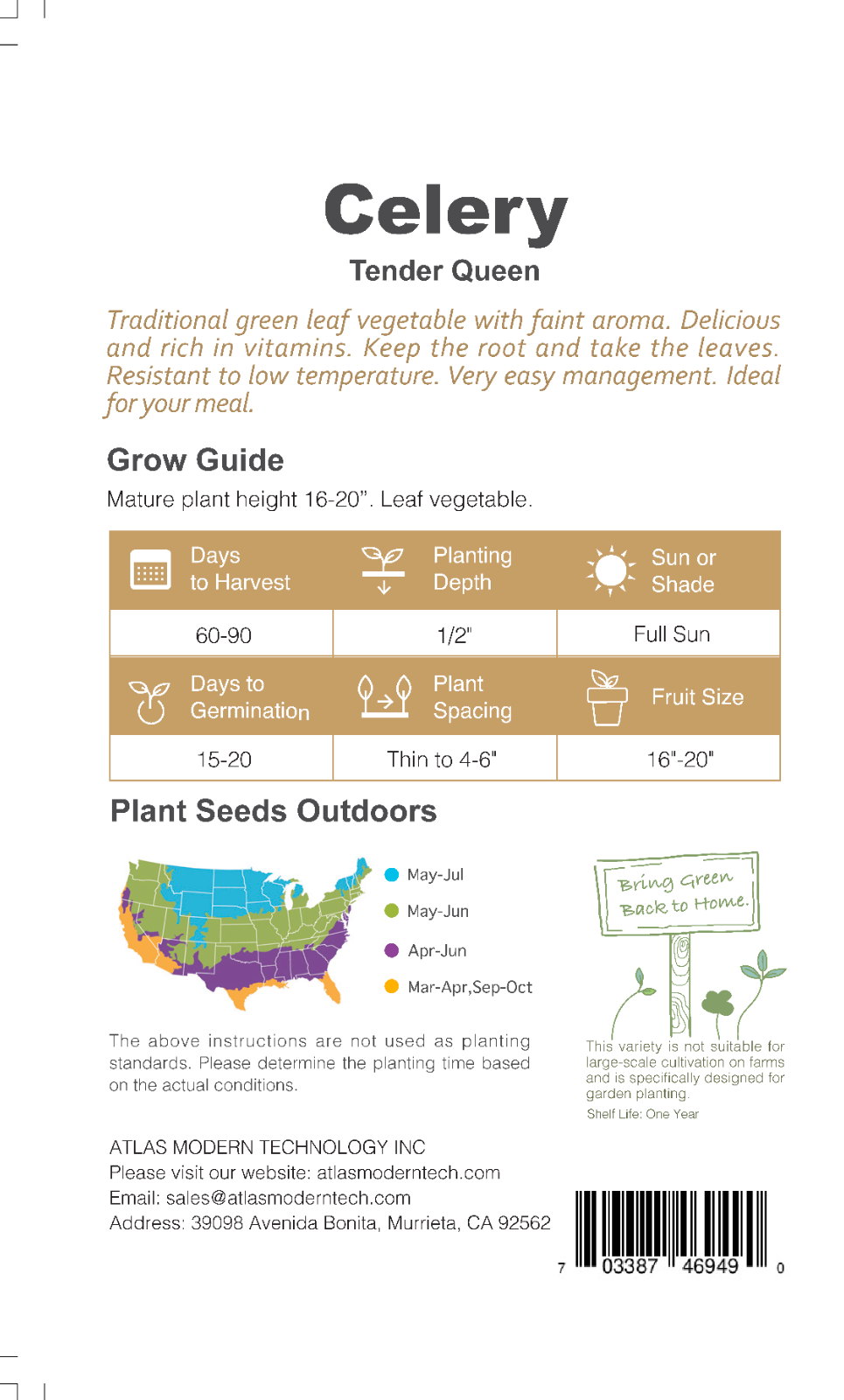 Atlas Sweet Crisp Celery Seeds – Non-GMO Tender Queen Celery, Easy Grow High Yield Garden Vegetable