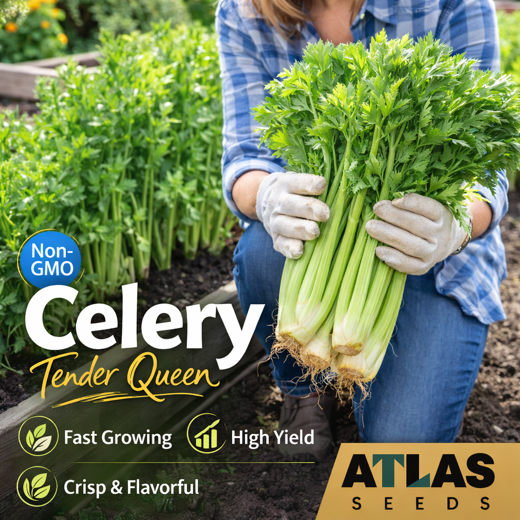 Atlas Sweet Crisp Celery Seeds – Non-GMO Tender Queen Celery, Easy Grow High Yield Garden Vegetable