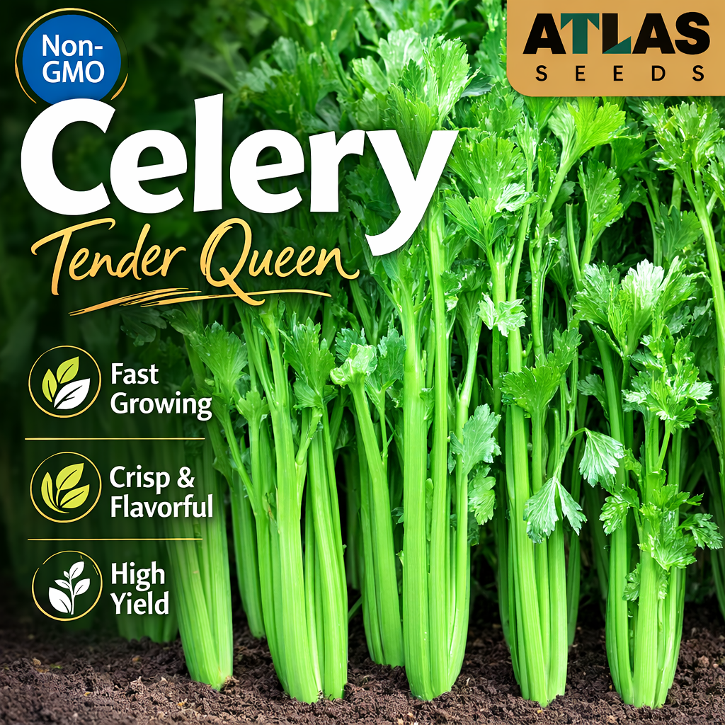 Atlas Sweet Crisp Celery Seeds – Non-GMO Tender Queen Celery, Easy Grow High Yield Garden Vegetable